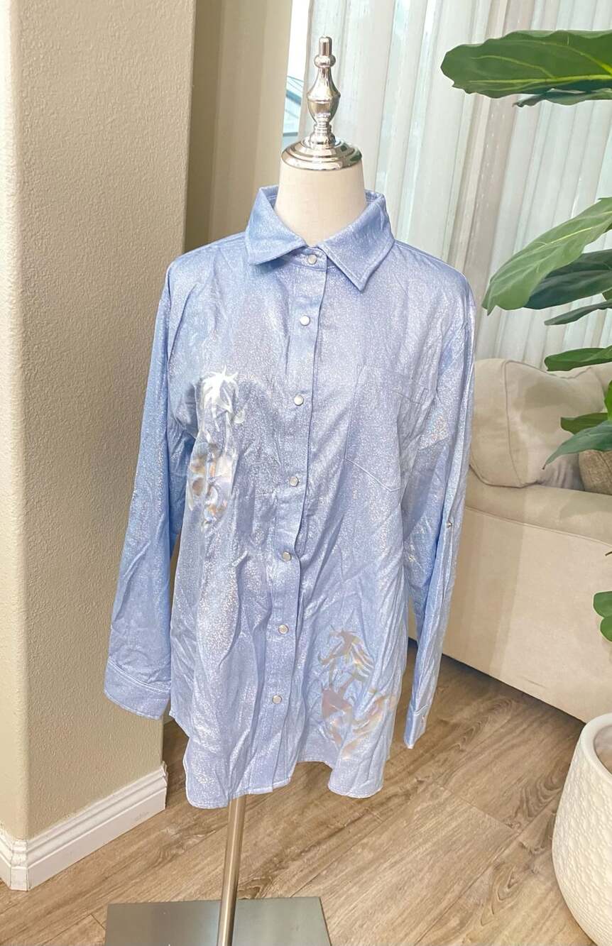 Wild Horses Pearl Snap Button Down Shirt In Light Blue Size L